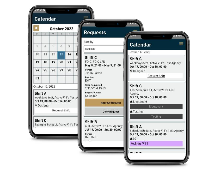 Different photos of ActiveTeam's calendar and shift request screens.