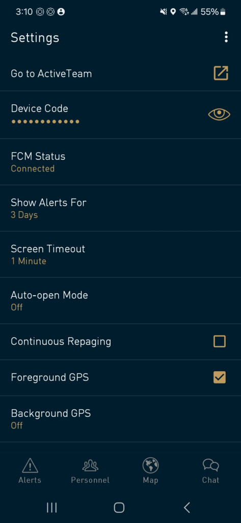 Screenshot of an Android device showing  the eye icon unhighlighted and the activated device's device code hidden.