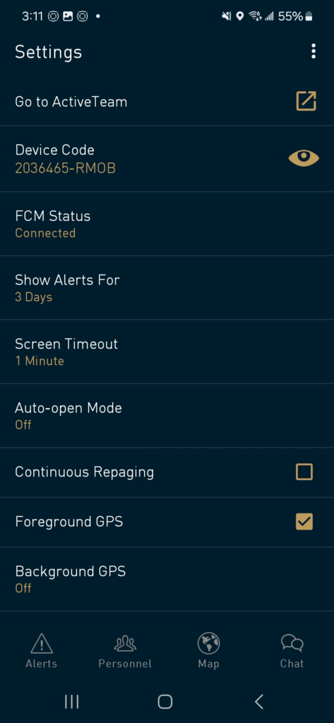 Screenshot of an Android device showing  the eye icon having been clicked and revealing the activated device's device code.