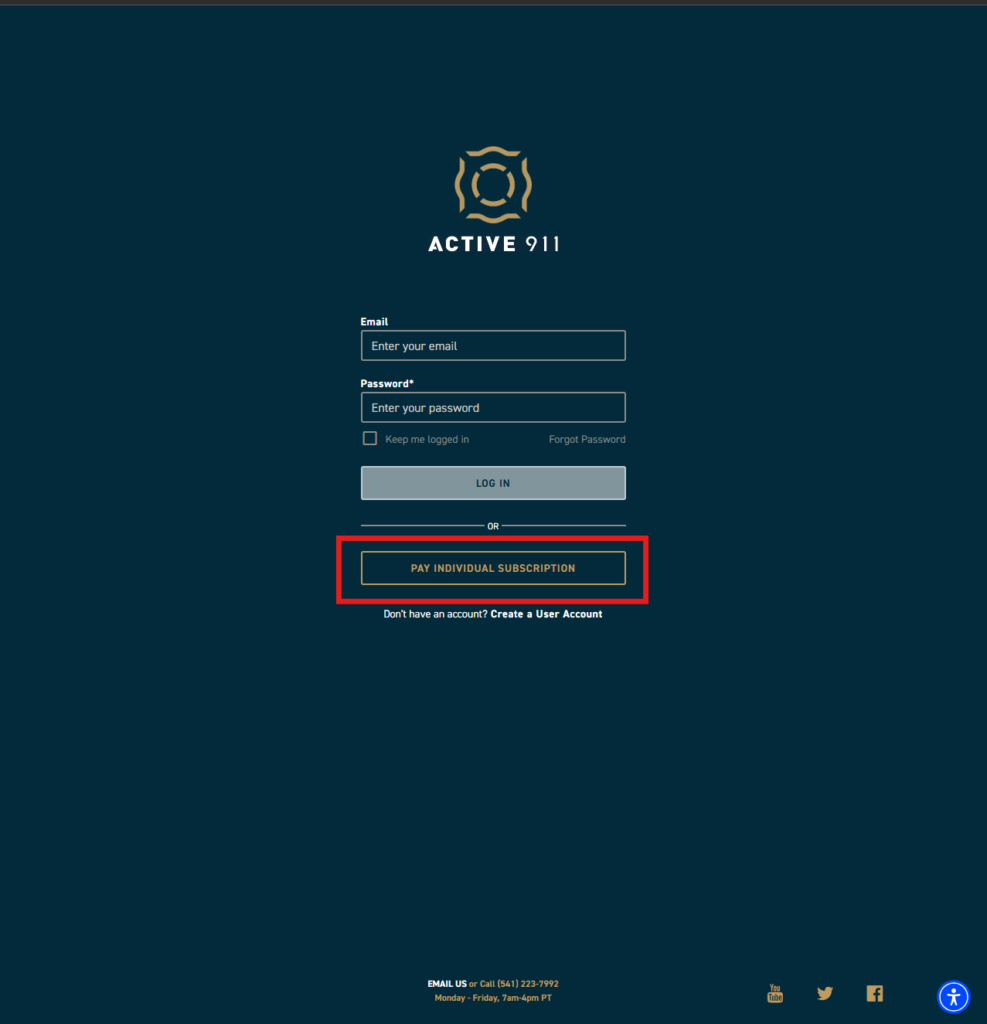 Screenshot showing the Active911 login page with the "Pay Individual Subscription" button highlighted.